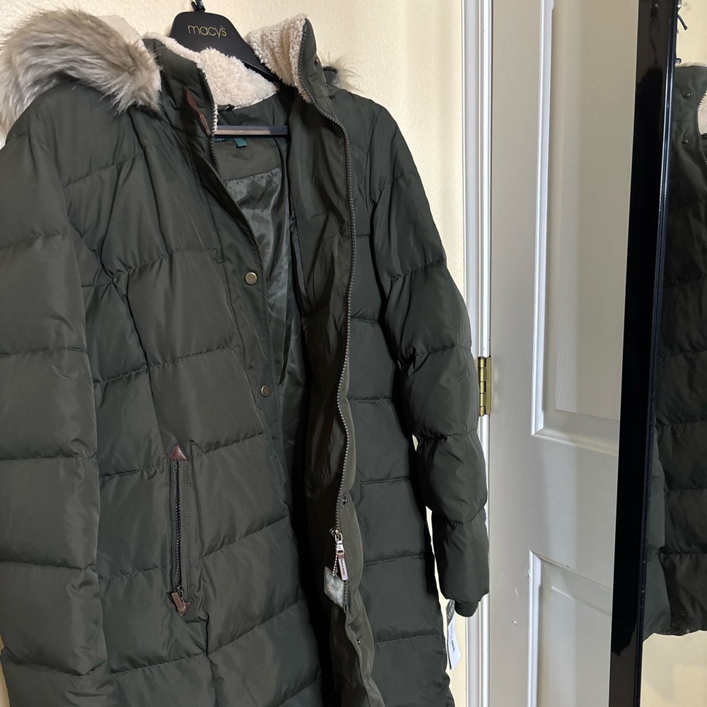 Ralph Lauren Olive Puffer Coat with Faux Fur Trim bought from Macy’s.